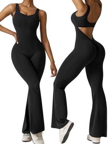 Vertvie Damen Jumpsuit Flared Eng Scrunch Butt Bodysuit Lang Yoga Ärmellos Overall Sport Rückenfrei Einteiler Bootcut Onepiece Ganzkörperanzug Sexy Playsuits Gym Workout Bodycon,Schwarz,S