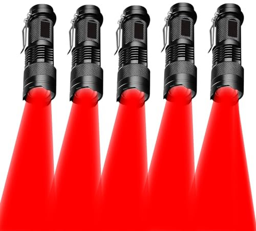 5 Pack Red Light LED Torch 5 Zoomable, Waterproof, 3 Light Modes, Adjustable Focus Light for Camping, Hunting, Hiking, Night Vision(Black Shell)