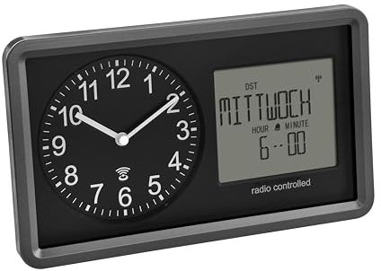TFA Dostmann Analoge Funkuhr mit Kalender. 60.3552.01, Seniorenuhr, Weckalarm & Schlummerfunktion, Digitale Anzeige von Wochentag und Datum, analoge Tischuhr, schwache Hintergrundbeleuchtung, schwarz