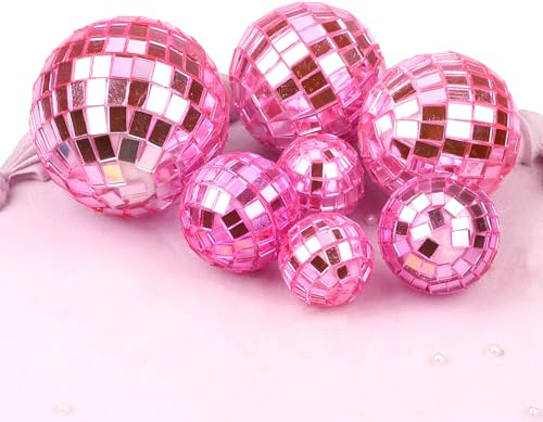 7pcs Disco Boule Décoration de Gâteau, 4 Tailles boule disco decoration pour Gâteau Décorations de Fête Boule Disco Accessoires à Thème Disco pour Faveur de Fête à Thème des Années 70 (Rose)