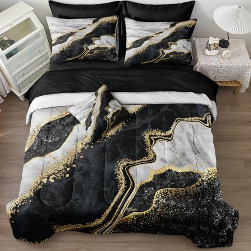 Merryword Schwarz Weiß Marmor Tröster Set King Size 8-teiliges Bett in einer Tasche Gold Metallic Marmor Design Bettwäsche mit 1 Steppdecke, 4 Kissenbezügen, 1 Bettlaken, 1 Spannbetttuch, 1