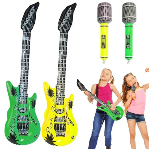 Inflatable Guitar and Microphone - 4PCS Musical Instruments Balloons Blow Up Rock Star Toy Set for Kids Party Props