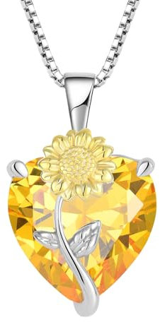 JO WISDOM Damen Halskette Sonnenblume Herz Silber 925,Kette Anhänger mit 3A Zirkonia November Geburtsstein Citrinfarbe,Schmuck für Frauen