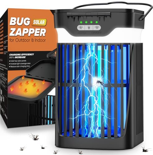 PRANITE Solar Insektenvernichter Elektrisch, 4200V Mückenlampe Doppelte Solarpanele mit LED-Licht, 3000mAh Wiederaufladbarer Akku, Fliegenfalle Wasserdichter für Außen, Innen, Camping, Garten