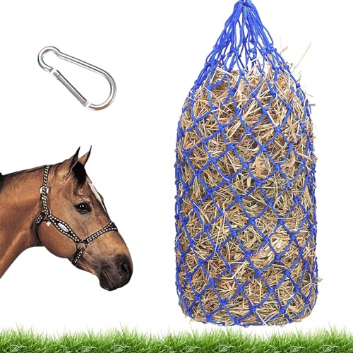 WIYETY Heunetz für Pferde Groß: Futternetz mit Ringen und Karabinerhaken, Heunetz für Pferde 100cm, Maschenweite 5 x 5 cm, Heunetz Pferd Heusack für Pferde, Blau