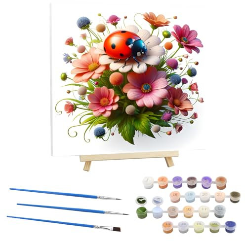 EOBROMD Peinture par Numero Adulte Coccinelle,Kit de Peinture à l'huile sur Toile Bricolage avec Cadre en Bois et Chevalet, Fleur Peinture Sans Plis Toile pour Décoration de la Maison 30x30cm