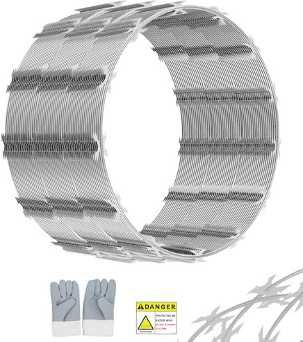 LMYYGOO 150FT Razor Wire, Galvanized Steel, 3 Rolls, Silver, with Sign
