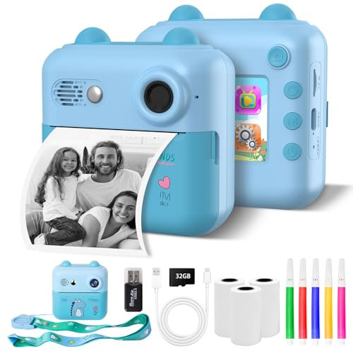 Zhwidnerso Kids Camera Instant Print, 1080P HD Kids Digital Camera with 3 Rolls Print Paper, 32G TF Card, 5 Colour Pens, Instant Camera Video Recorder Printing Camera Gift for Girls Boys