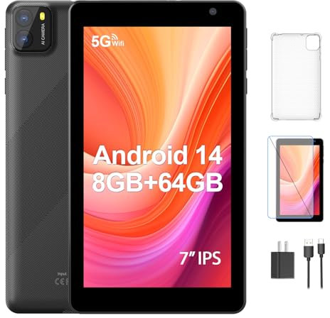 PUTECCH Tablets 7 inch Android 14 Tablet 2024 Newest, 8GB+64GB 1TB Expand,Octa-Core Processor, 5G Wi-Fi 6, 2MP+8MP Dual Camera, 1024 * 600 IPS HD Screen,Bluetooth,3500mAh BatteryTablet PC,Black