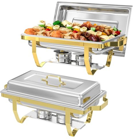 IMACONE Set di 2 scaldavivande rettangolari in acciaio inox 8QT e scaldavivande per catering, con padella per cibo e acqua, coperchio, telaio pieghevole dorato, supporto per carburante per eventi,