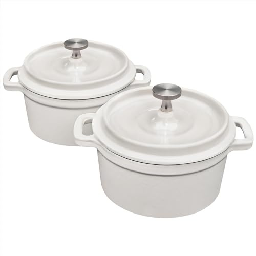 Flavehc Mini Cocotte Lot de 2 mini cocotte d'ail en fonte de 680 g avec couvercles Passe au four Blanc 0,75 l