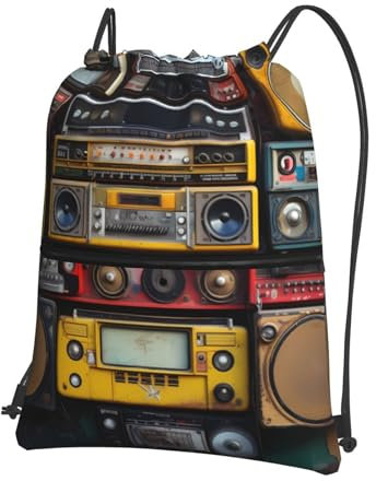 YYHWHJDE Vintage Wall of Radio Boombox Bildqualität Kordelzug Reißverschluss Rucksack geeignet für Outdoor-Freizeit 15,3 x 45,7 cm (L x H), Schwarz , One size