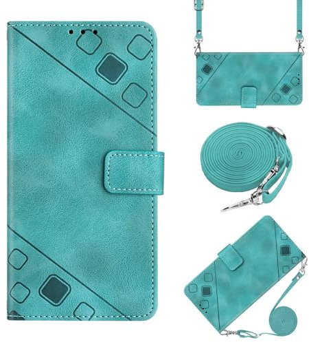 nancencen Handykette für Samsung Galaxy J3 2017 / J330 / J3 Pro 2017 Hülle mit Band, Premium Leder Klappbar Flip Case, Kartenfach Magnet mit Abnehmbar Kordel zum Umhängen, Grün