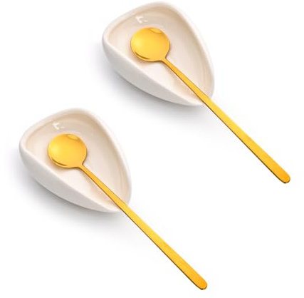 Koythin Ceramic 2-Piece Spoon Rest Set, Coffee Spoon Holder with Teaspoon, Minimalism Kitchen Decor for Stirrer, Mini Coffee Bar Accessories with Golden Spoons for Afternoon Tea (White)