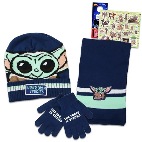 Star Wars Baby Yoda Winterausrüstung für Jungen - Mandalorianermütze Set mit Mütze, Handschuhen, Schal und Aufklebern, plus | Baby Yoda Winterzubehör für Kinder, mehrfarbig,, mehrfarbig, Star Wars