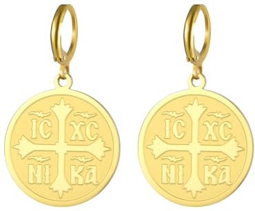EUEAVAN Ohrringe Kreuz Jerusalem Kreuz Ohrringe Kreuz Templer Ritter Ohrringe Medaillon Scheibe Religiöser Schmuck Griechisch Gebet Erklärung Geschenk Frauen (Orthodoxes Kreuz gold 2)