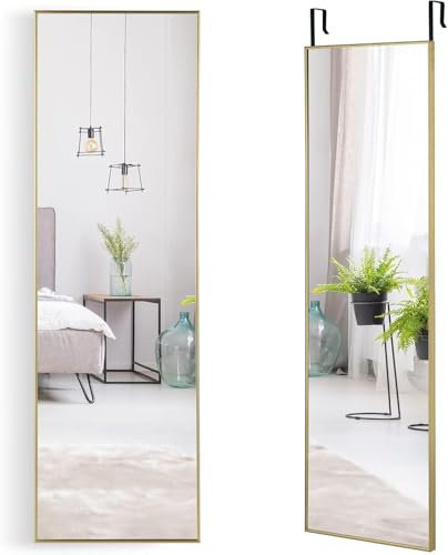 FANTASK 37 x 120 cm Altura Ajustable Espejo de Cuerpo Entero, Gancho para Colgar Espejo de Pared, Espejo de Puerta en Oro