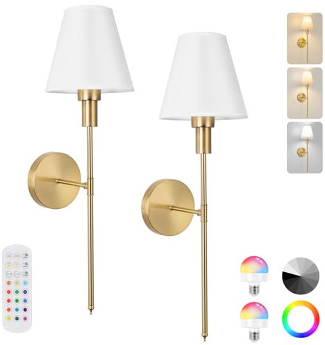 CANEOE Kabellos Akku Wandleuchte mit Fernbedienung,Batterie Wandleuchten Innen mit Stoffschirm, 5000mAh Aufladbare Wandleuchte Dimmbare,Wandlampe akku für Wohnzimmer Mit Glühbirne,Gold(2 PCS)