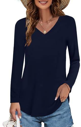 Elesomo T Shirts for Women V Neck Tops Ladies Cotton Tshirts Long Sleeve Tees, Navy Blue M