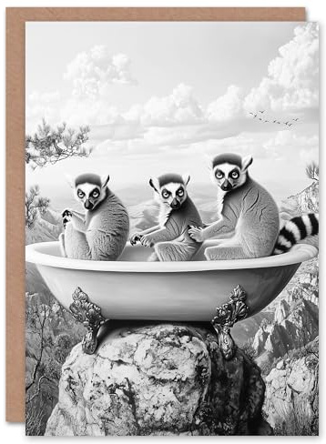 Artery8 Greeting Card Ring-tailed Lemurs in Bathtub Black White Surreal Blank For Him Or Her Art Birthday Card