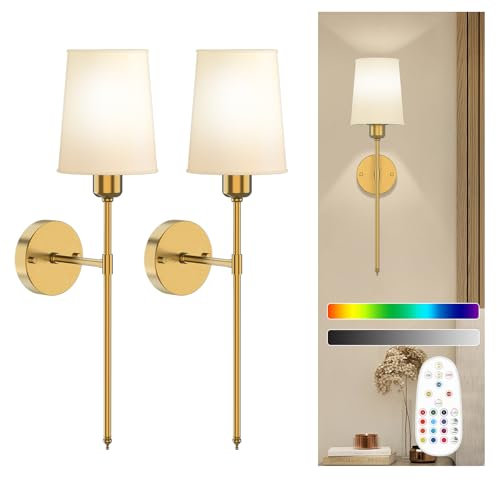 onffo Battery Operated Wall Sconce Set of Two, Dimmable Sconces Wall Decor, 3 Color Temperature Rechargeable Wall Lamp for Bedroom, Living Room, Gold