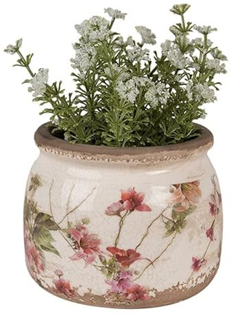 Ceramic Plant Pots Indoor Jardinière Style Plant Pot with Crackle Glaze Distressed Finish Pink Rose Floral Print Flowerpot Windowsill Shelf Mantelpiece Centrepiece Cachepot (Medium)