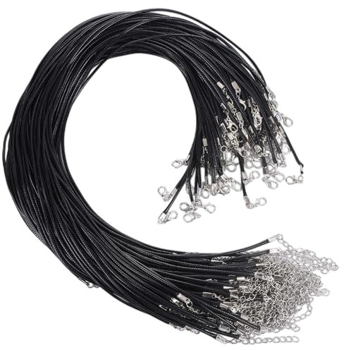30 Pcs Waxed Cord, 2mm Black Artificial Leather with Electroplated Clasp for DIY Jewelry Making Bracelet Pendant, Bulk Accessory String