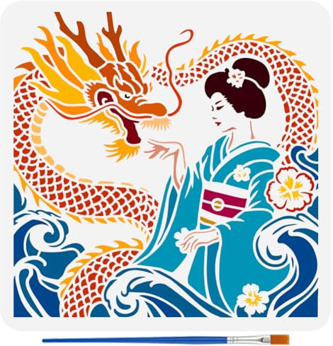 FINGERINSPIRE Japanische Geisha Malschablonen Mit Pinsel 30x30cm Kunststoff Wellendrachen Zeichenvorlage Dekorative Ausgehöhlte Schablone Mit Orientalischem Thema Zum Malen Auf Holz Leinwand Kleidung