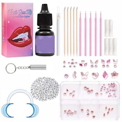 Zahnstein Schmuck,Zahnschmuck,Tooth Gem Kit,Tooth Gem,Glänzend und Strahlend,Zeigt Ein Selbstbewusstes Lächeln,Geeignet für Partys,Den Alltag Usw.,Mit 1445 Strasssteinen (Pink + Weiß)