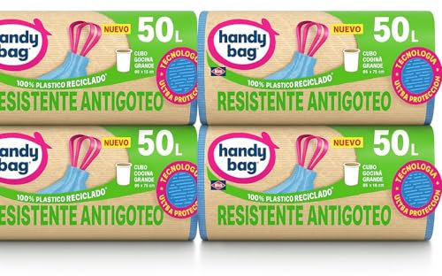 MADALO - Handy bag Pack 4 paquetes de 8 bolsas de basura 50 litros, 68 x 73 cms, resistente antigoteo, plástico 100% reciclado - Total 32 bolsas
