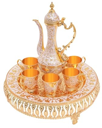 Levkitch Vintage Türkische Kaffeekanne Set,Metallteekannenset mit 6 Kaffeetassen und Teetablett,Tee-Set Tee Oder Kaffee für Home Tea Party Teetisch Dekoration (Gold)