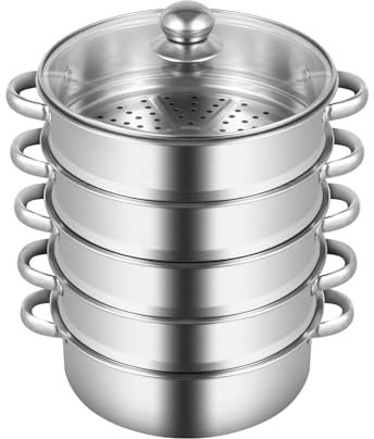 5 Lagiger Dampfgarer Topf, Multifunktionale Edelstahl Kochtopf mit 5 Dampfgarbehälter, Edelstahldampfer, Dampfgare mit Glasabdeckung Geeignet für Gasofen, Elektromagnetofen