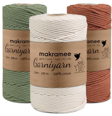 GARNIYARN Makramee Garn 3mm, Natural, Terracotta, Sagegreen, 3er-Set | OEKO-TEX STANDARD 100: Makrameegarn für Wanddekorationen, kreative DIY-Projekte und selbstgemachte Geschenke