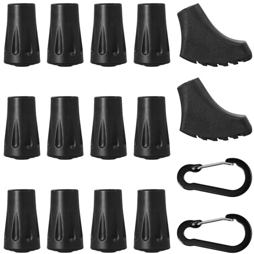 Culinavog 12 Stück Nordic Walking Stöcke Gummipuffer, 2 Paar Walking Stöcke Gummipuffer Mit Karabinerhaken 5cm, Gummipuffer Für Wanderstöcke, Ersatz Gummi Puffer, Krückenkapsel rutschfest-Schwarz