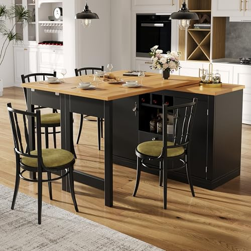 Merax Ausziehbarer Bartisch mit Stauraum, 360°drehbarer Kücheninsel Küchentheke Küchenbartisch, mit klappbarem Ausziehtisch,Weinregal, für Esszimmer Wohnzimmer Homeoffice, Schwarz/120-180x80x76cm