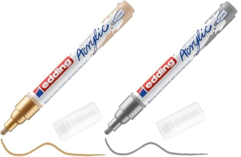 edding 5100 Acrylmarker medium - Acrylstift wasserfest - mittlere Rundspitze 2-3 mm - Acryl Farben zum Malen auf Leinwand, Malpapier und Holz (Reichgold, Silber matt Set)