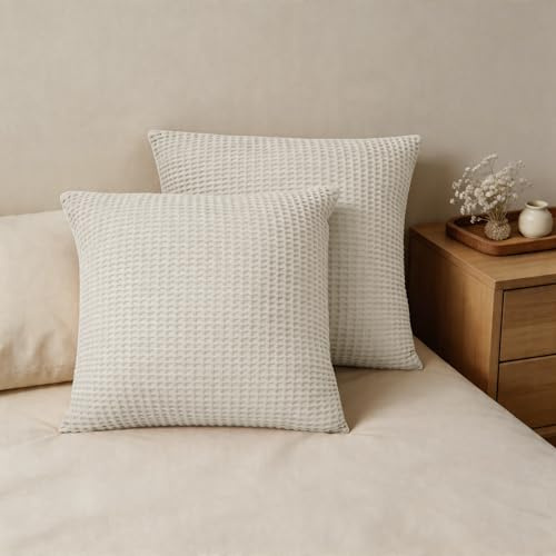 CHUFFED Kissenbezug 80x80 Baumwolle 2er Set 100% Baumwolle Kissenhülle Waffelmuster Kissenbezüge Zierkissenbezug Sofakissen Dekokissen Kopfkissenbezug mit Reißverschluss Beige