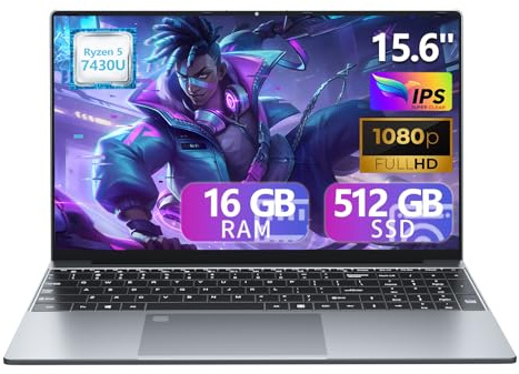 MOGIKK 15,6'' Ordinateur Portable Ryzen 5 7430U Processeur 16 Go RAM SSD 512 Go Win 11 PC Portable Clavier Rétroéclairé Déverrouillage Empreinte Digitale Graphique Radeon USB 3.2 HDMI Type-C WiFi 6.0