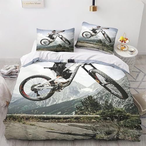 BJCJGGL Bettwäsche 135x200 Mountainbike Bettwäsche-Set mit Reißverschluss Schließung und 2 Kopfkissenbezug 80x80 cm - Weicher Atmungsaktive Mikrofaser Bettbezug für Kinder Mädchen