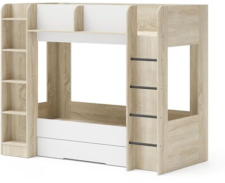 Homlando Etagenbett 80x200 cm Hochbett mit Schublade, Kinderbett Doppelbett, Jugendzimmer Bett mit Regal & Stauraum, Fuji (Sonoma Eiche/Weiß Matt)
