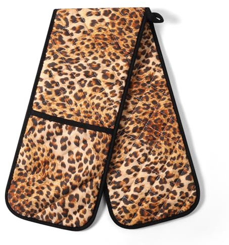 Double Oven Gloves Heat Resistant Oven mitts Cotton Cooking Gloves, Leopard