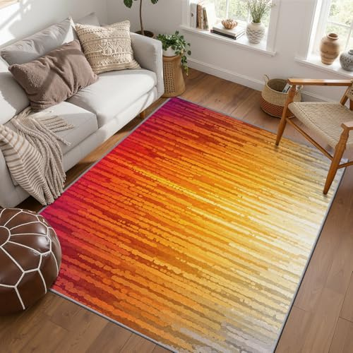 PaxGloz Teppich Farbverlauf Orange - Teppiche Wohnzimmer Schlafzimmer Warme Farben, Großer Teppich Rot Orange Gelb, Weich Kurzflor & Waschbar & rutschfest Bettvorleger 120x120 cm