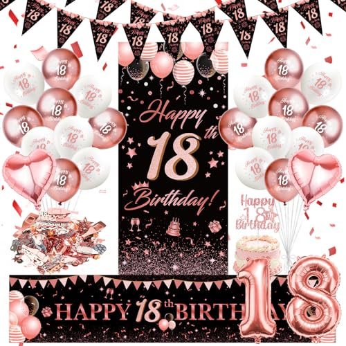 WenmthG 18 Geburtstag Deko Mädchen, Roségold Dekorationen zum 18 Jahre | 18. Geburtstag Deko mit Girlande, Banner, Zahlen Luftballon, Konfetti, Tortendeko, Dreieck Flagge Banner