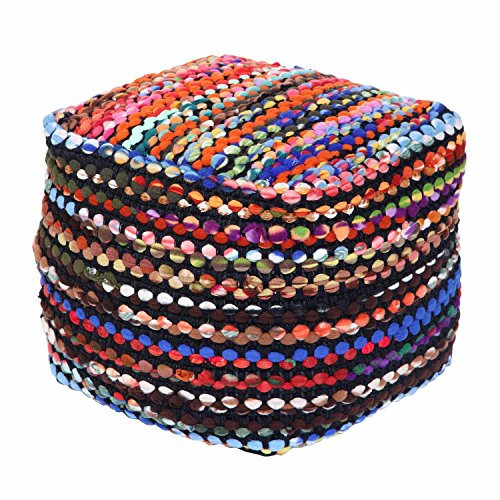 Homescapes Sitzpouf Folk 60x30 cm, Chindi Hocker, Pouf schwarz-bunt gestreift, Sitzquader Bodenkissen quadratisch