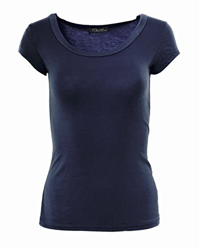 Easy Young Fashion - Damen Basic Rundhals T-Shirt - Kurzarm Unterziehshirt Skinny Fit 1001 - Dunkelblau M