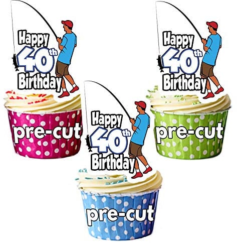 AK Giftshop PRECUT Fishing Fisherman - 40th Birthday - Edible Cupcake Toppers/Cake Decorations - Mens - Son - Husband - Dad (Pack of 12)