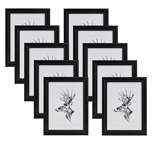 WOLTU Bilderrahmen 20x30cm 10er Set Fotorahmen Holzrahmen mit Passepartout, zum vertikalen oder horizontalen Aufhängen/Aufstellen, Posterrahmen Collage Wanddeko, Schwarz