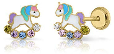 Orecchini Oro 18 Carati con Certificazione Bambino/Donna, Disegno Unicorno, Chiusura di Sicurezza a Vite, Dimensioni 7,5 x 8 mm (1-4435)