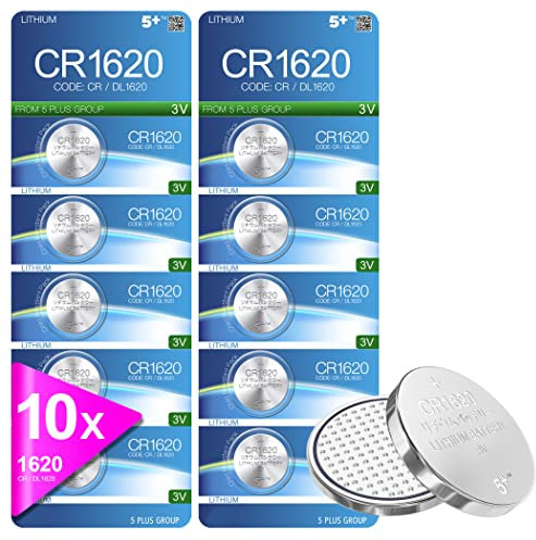 5Plus 10-Pack CR1620 3V Lithium Batteries – Compatible with CR1620, DL1620, ECR1620 – Ideal for Key Fobs, Scales, Toys, LED Lights, Car Keys, Wearables & Medical Devices
