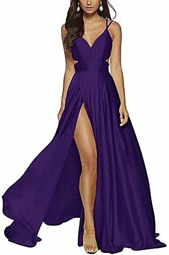 N/ C Robe de bal longue en satin pour femme avec fente haute formelle, violet foncé, 34